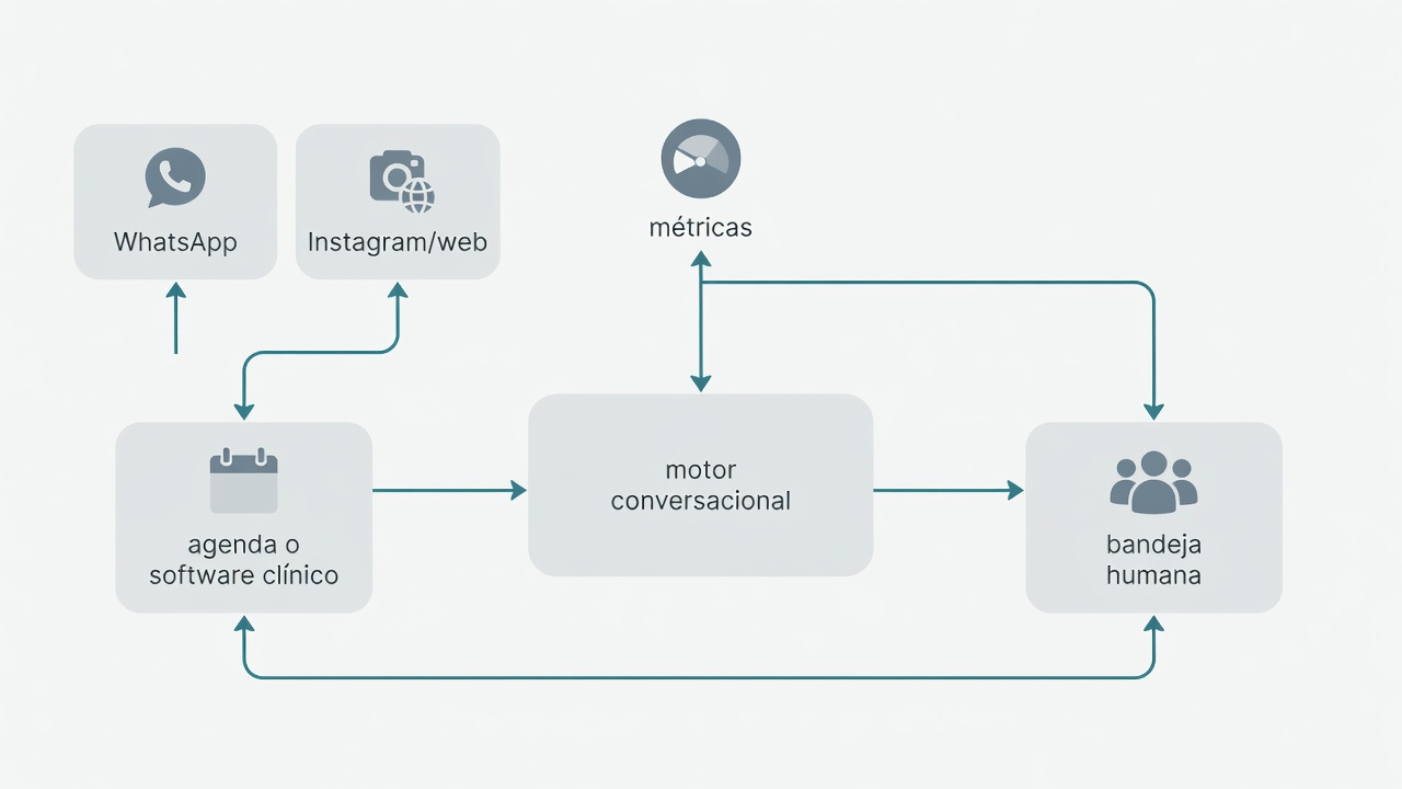 Arquitectura de un chatbot clínico conectado a canales digitales, agenda y equipo humano.