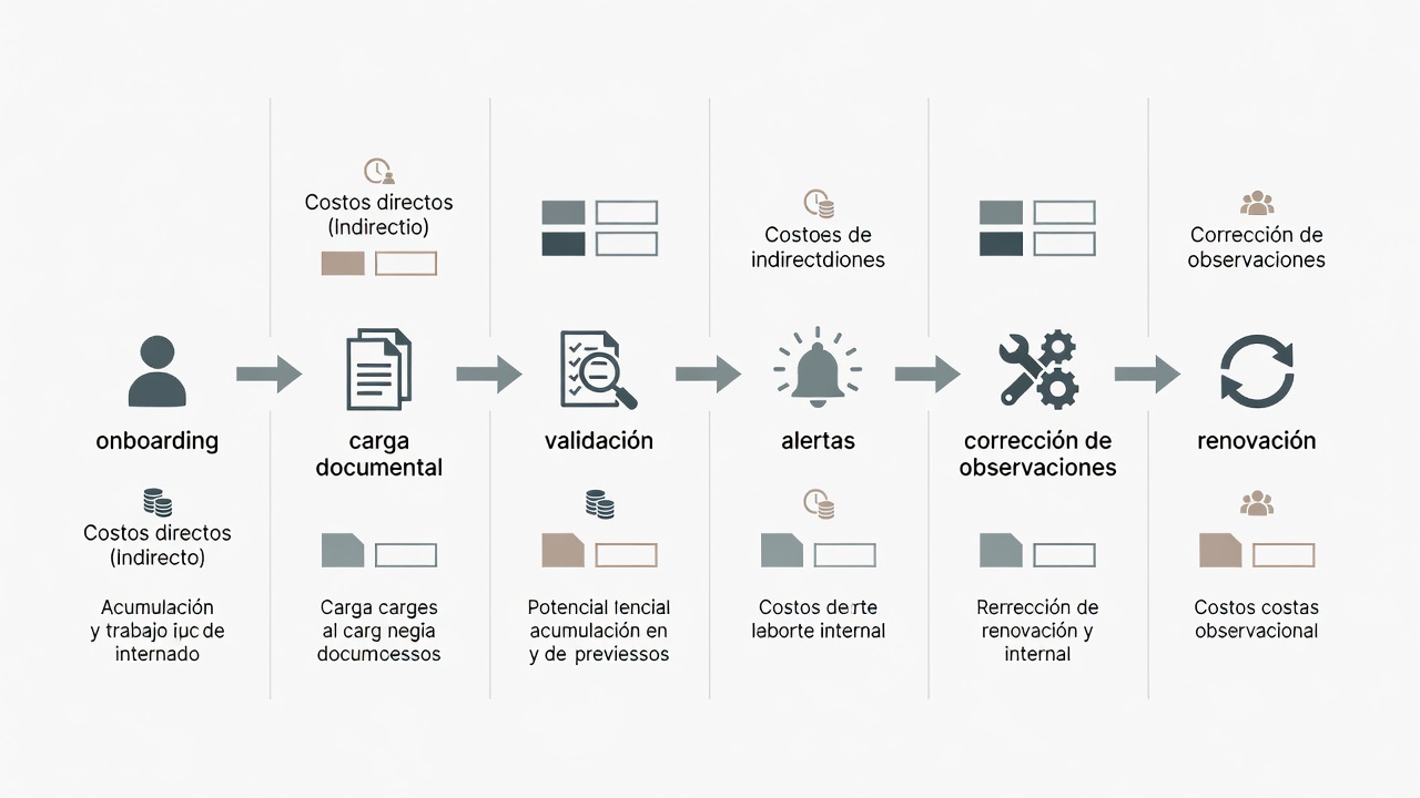 Flujo de costo total de acreditación documental desde el onboarding hasta la renovación y corrección de observaciones.