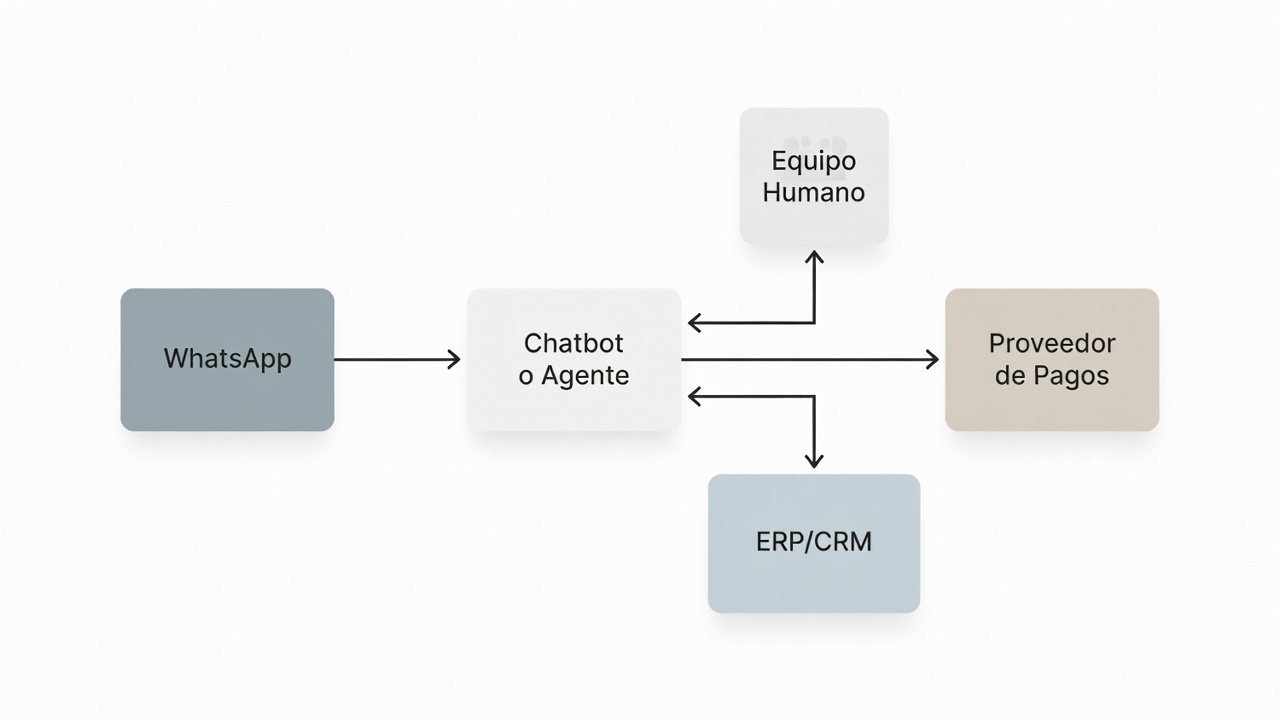 Arquitectura de un chatbot de cobranza conectado con WhatsApp, sistemas internos, pagos y agentes humanos.