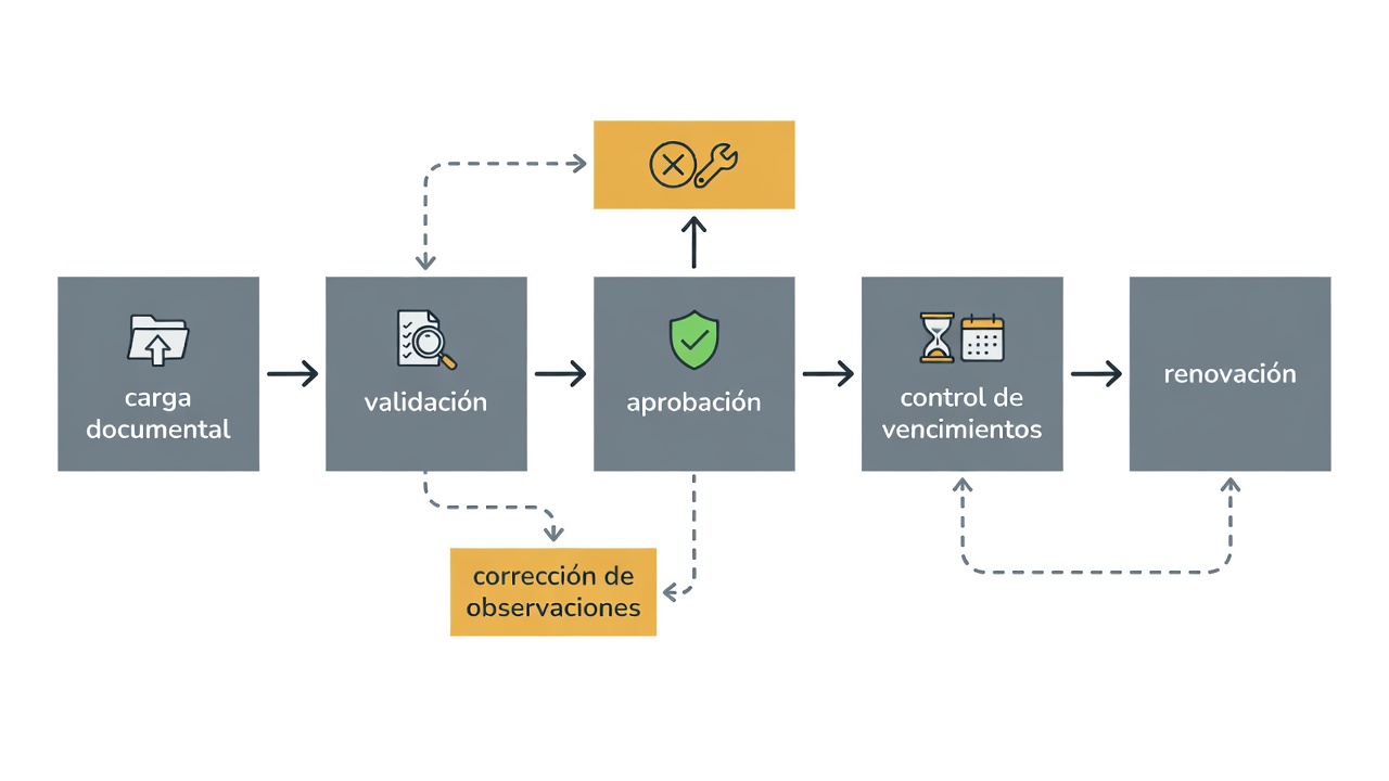 Diagrama del flujo de acreditación documental de un contratista desde la carga hasta la aprobación y renovación.