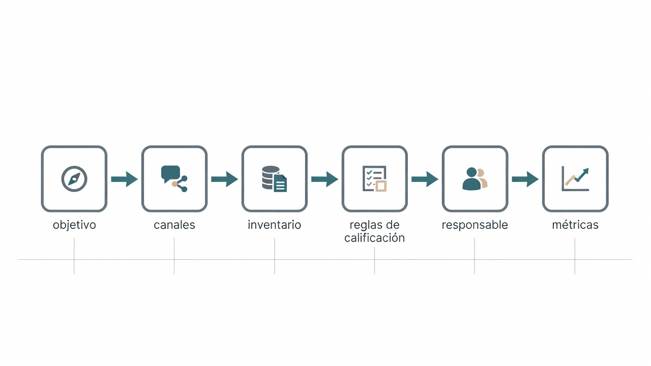 Diagrama de preparación de un chatbot inmobiliario: objetivo, canales, datos, reglas, responsables y métricas.