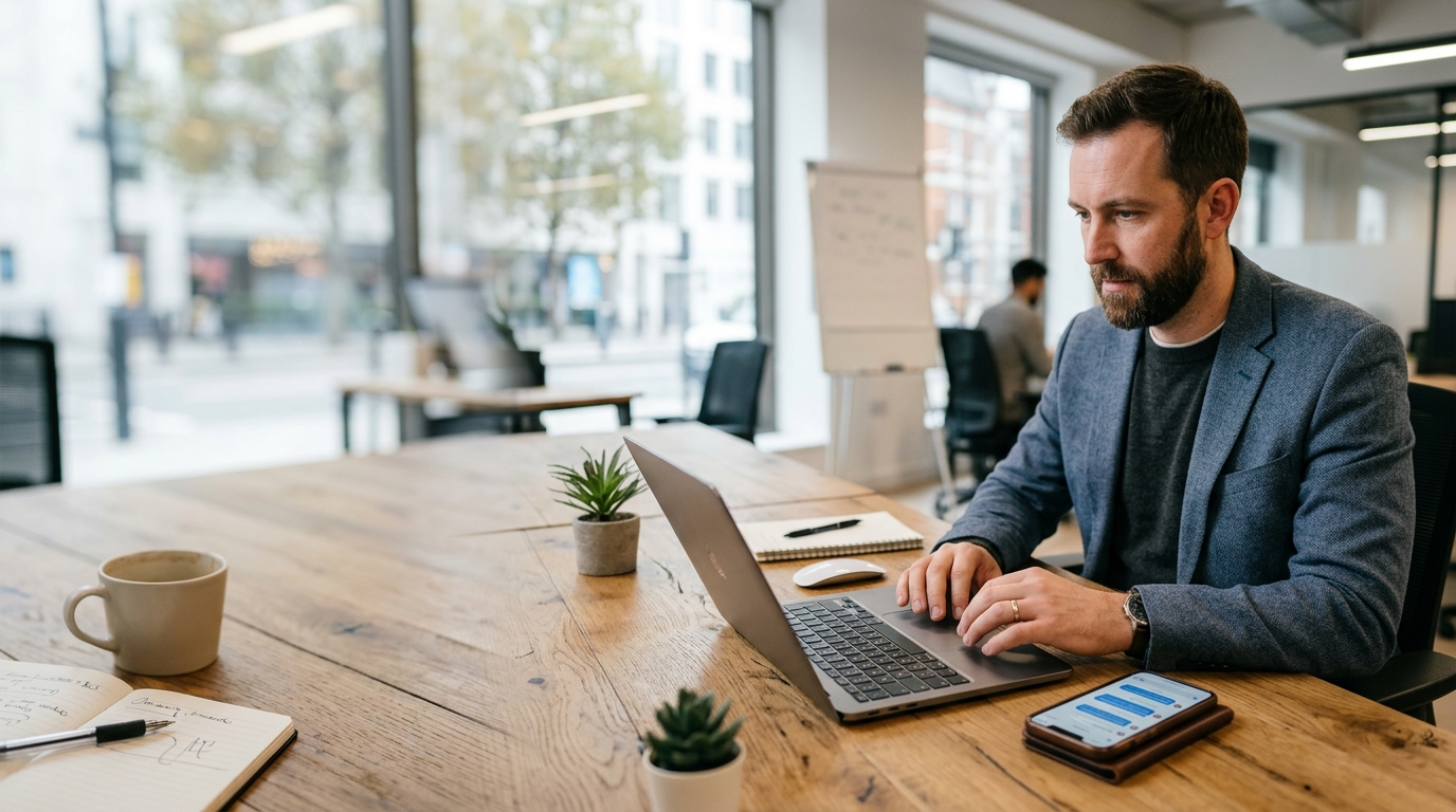 Small business owner managing customer conversations on a laptop and WhatsApp smartphone