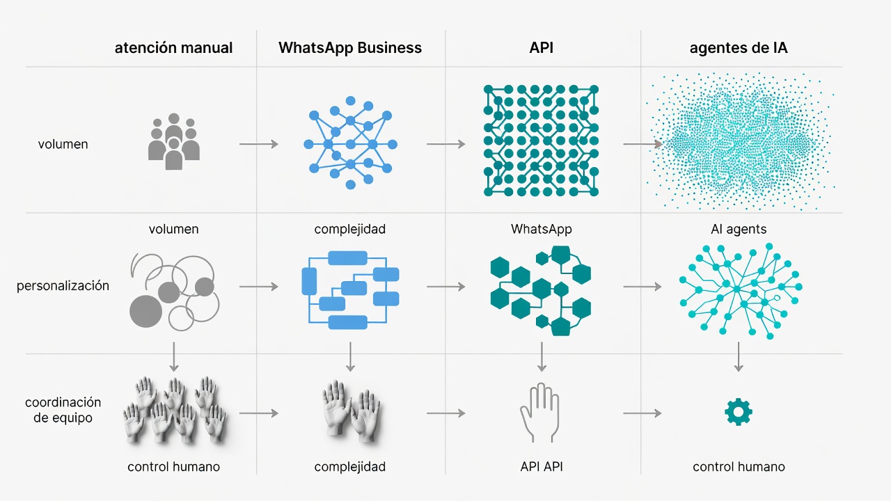 Comparación entre atención manual, WhatsApp Business, API y agentes de IA.