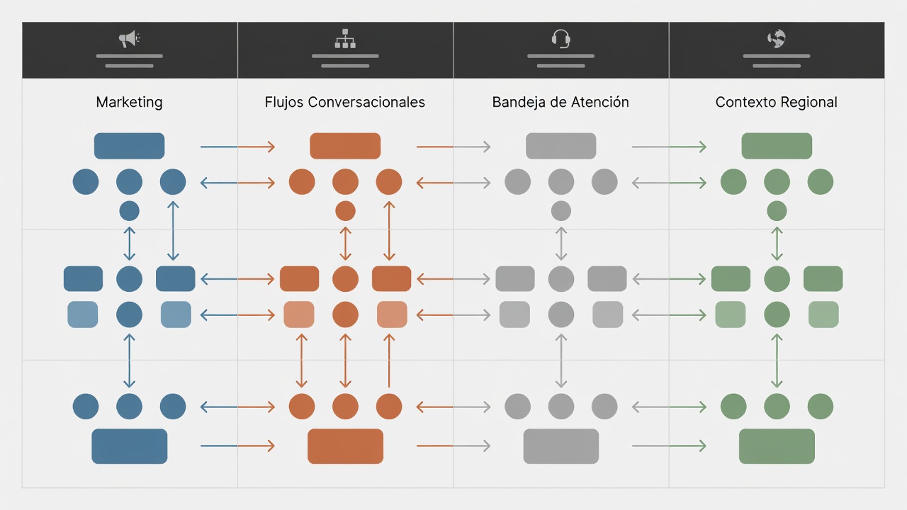 Matriz conceptual para comparar alternativas a Cliengo según marketing, flujos conversacionales, atención humana y enfoque regional.