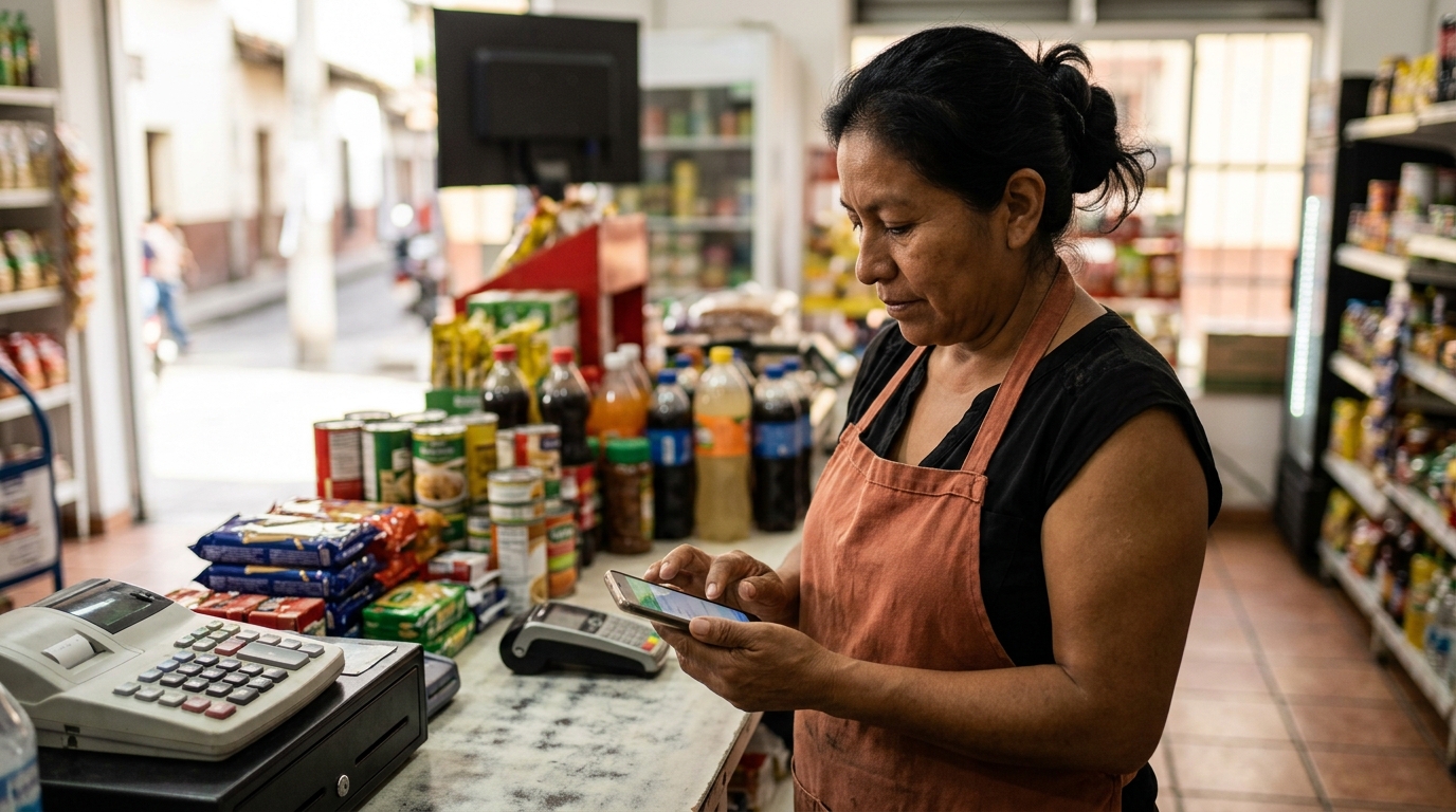Dueño de una pequeña tienda atendiendo consultas de clientes por WhatsApp