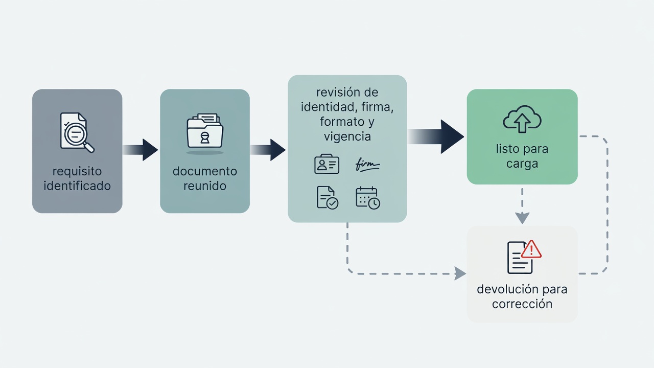 Flujo de control previo que valida identidad, firma, formato y vigencia de un documento antes de cargarlo en Pronexo.
