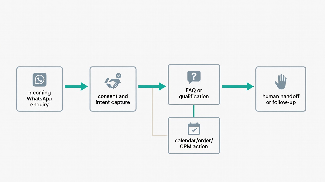 Process showing a WhatsApp enquiry moving through consent, qualification, automation, and human handoff.