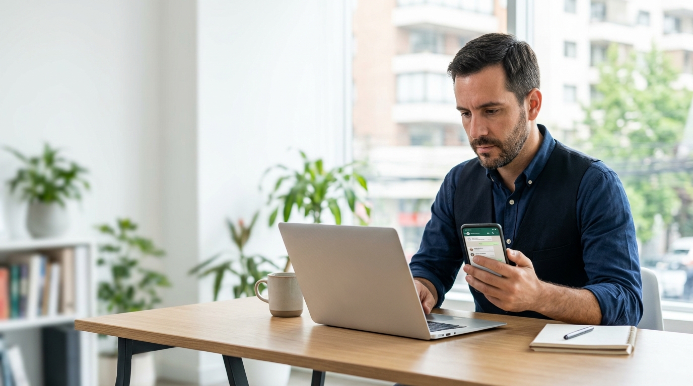 Persona de una pyme chilena gestionando conversaciones de clientes por WhatsApp desde un computador y un celular