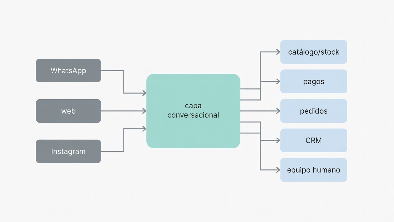 Diagrama de la arquitectura de un chatbot ecommerce conectado a canales, datos de tienda y agentes humanos.