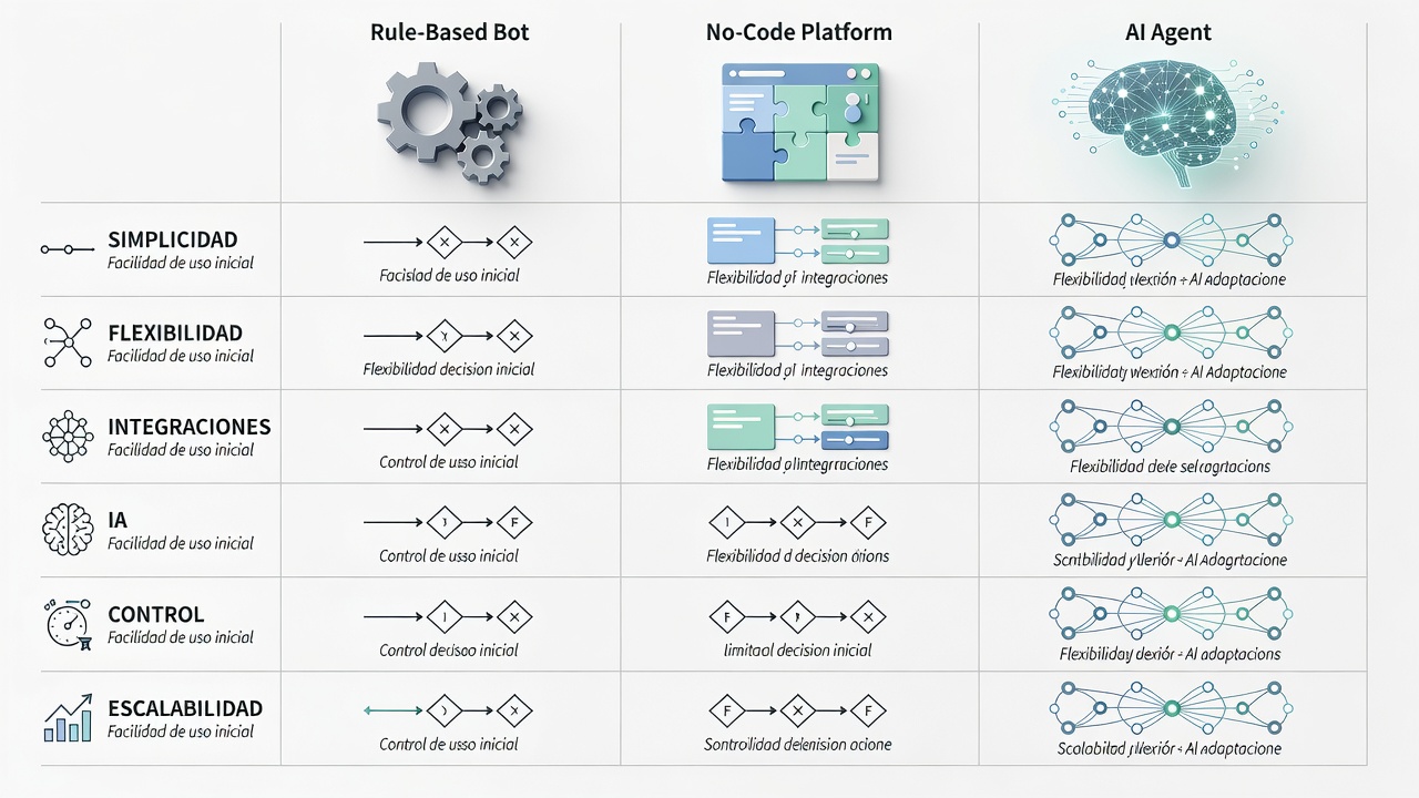 Comparación conceptual entre bot de reglas, plataforma no-code y agente de IA para Instagram.