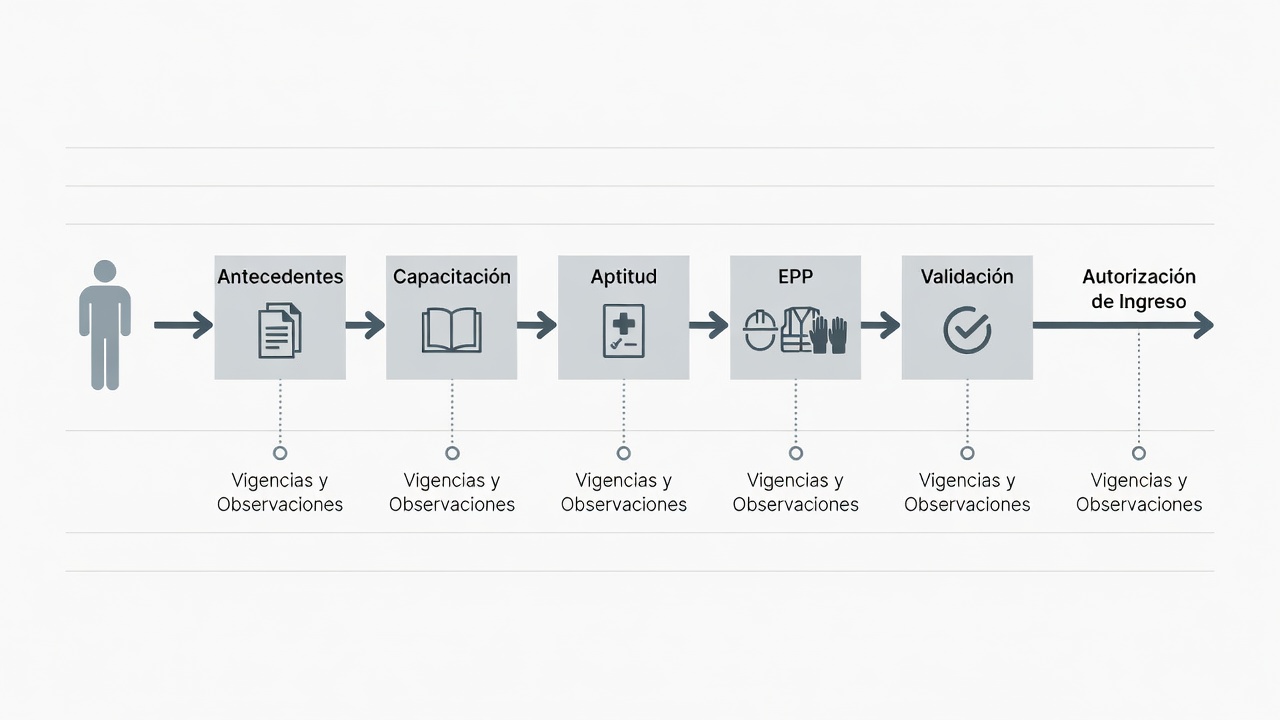 Diagrama del proceso de validación documental de un trabajador contratista para ingresar a una salmonera.
