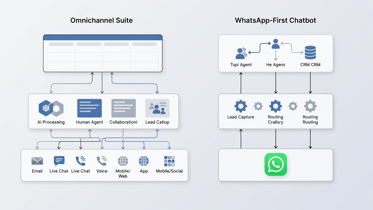 Diagrama que contrasta una plataforma omnicanal con un chatbot especializado en WhatsApp y sus principales capas de operación.