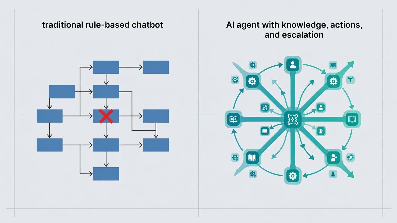Comparación entre chatbot tradicional basado en reglas y agente de IA con contexto, acciones y escalamiento.
