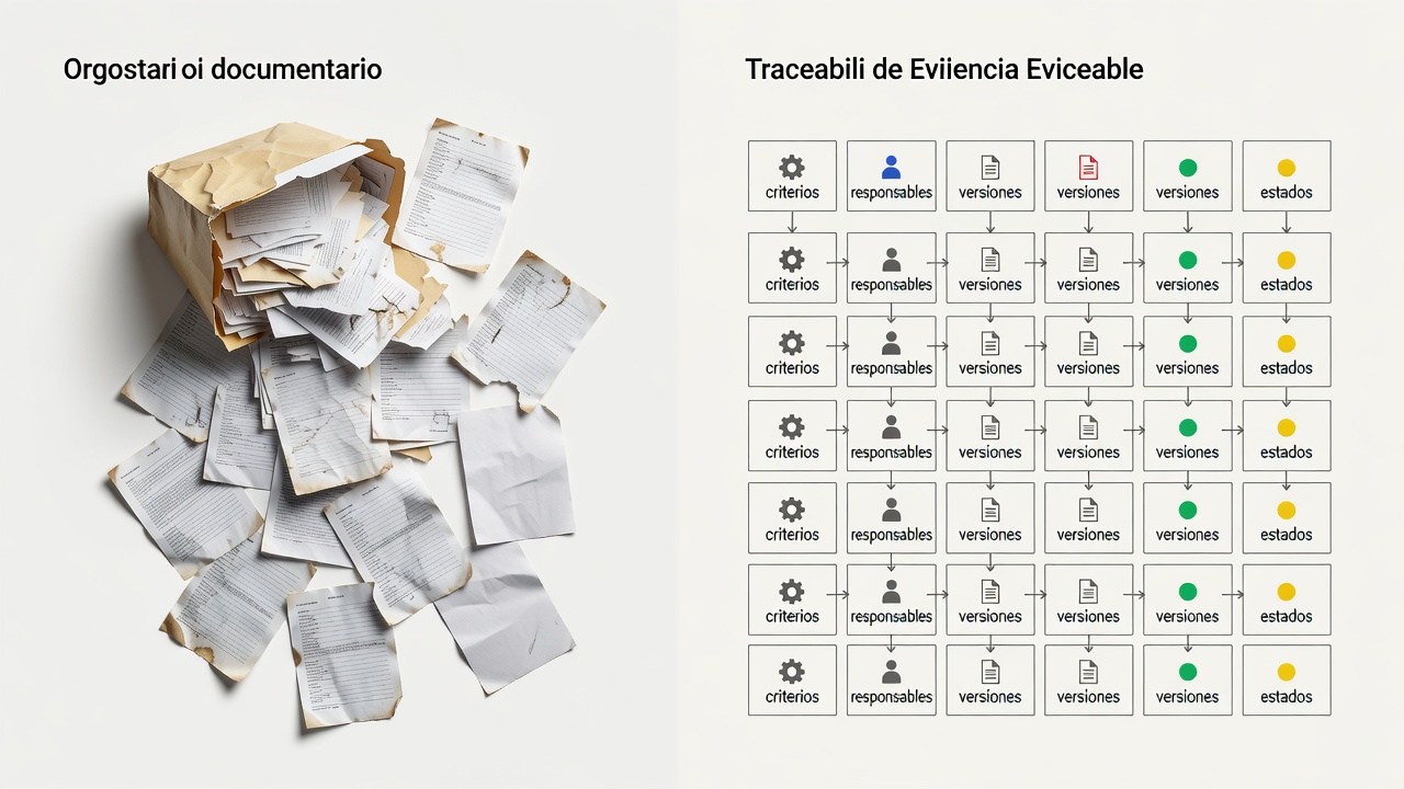 Comparación conceptual entre documentos desordenados y evidencias organizadas por criterio, responsable y versión.