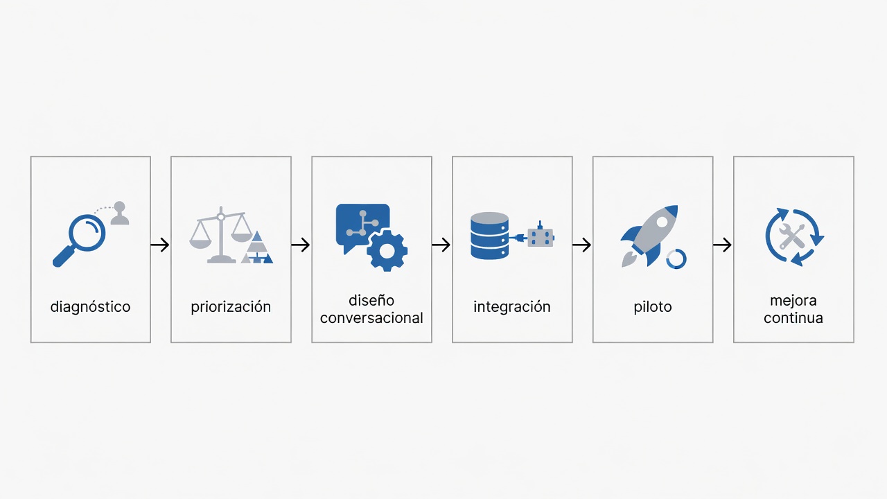Secuencia de implementación de un chatbot universitario desde el diagnóstico hasta la mejora continua.