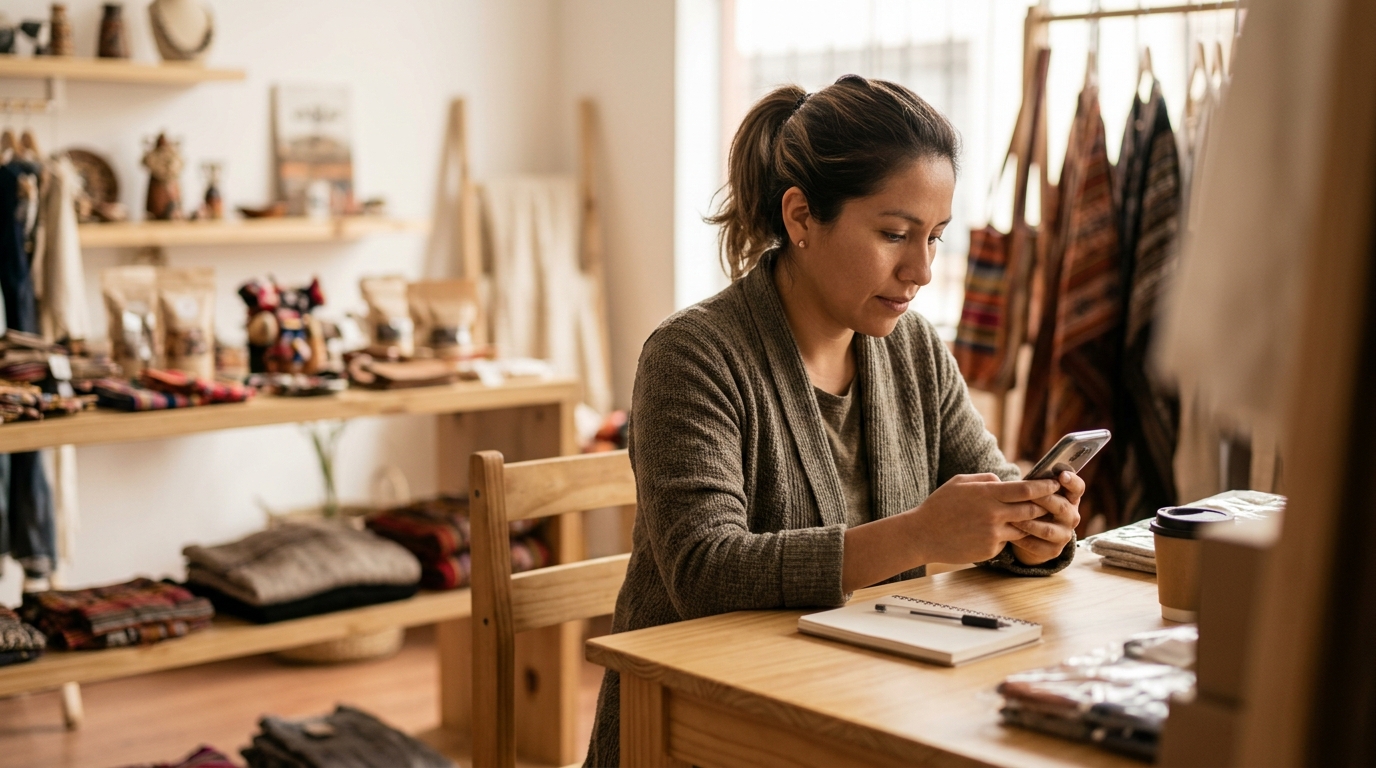 Dueña de una pequeña empresa gestionando conversaciones con clientes desde su celular