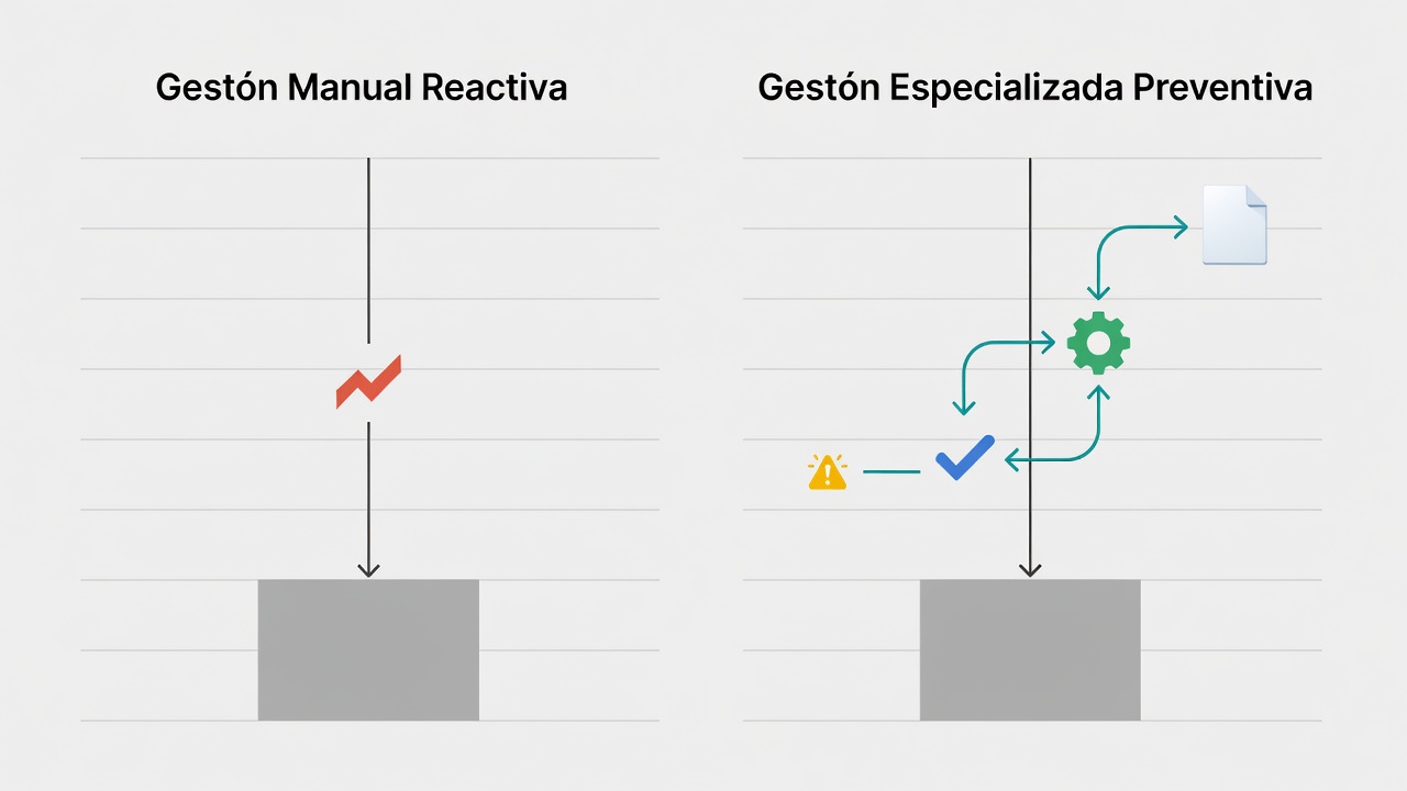 Comparación entre gestión documental reactiva y preventiva para contratistas.