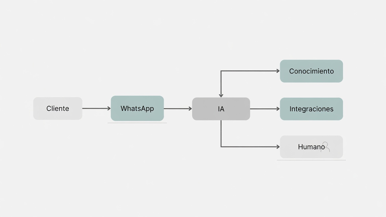 Arquitectura de un agente de IA conectado a WhatsApp, conocimiento del negocio, integraciones y atención humana.