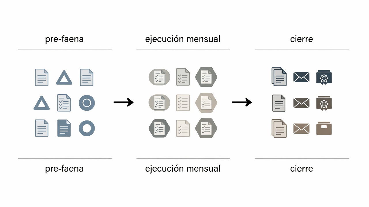 Secuencia de control documental de contratistas: requisitos previos, documentos mensuales y cierre del servicio.
