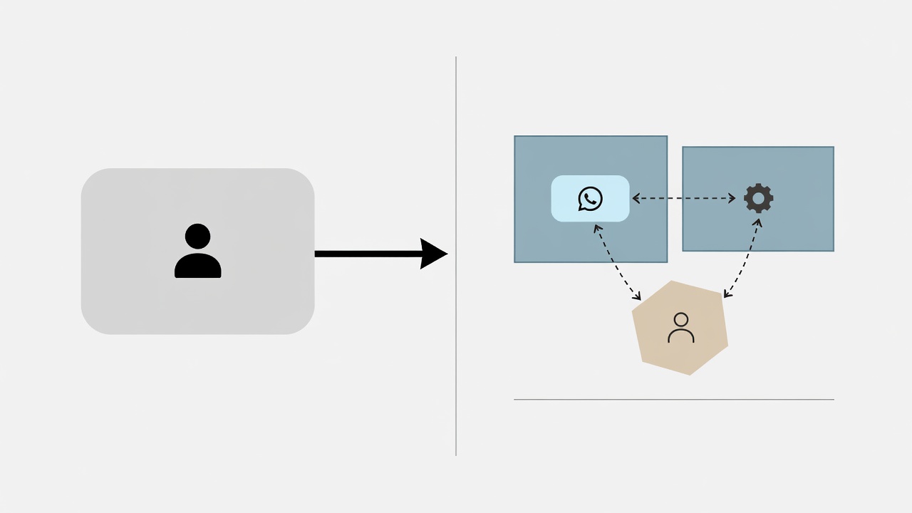 Diagrama conceptual de una solución de WhatsApp con plataforma de automatización, CRM y atención humana.