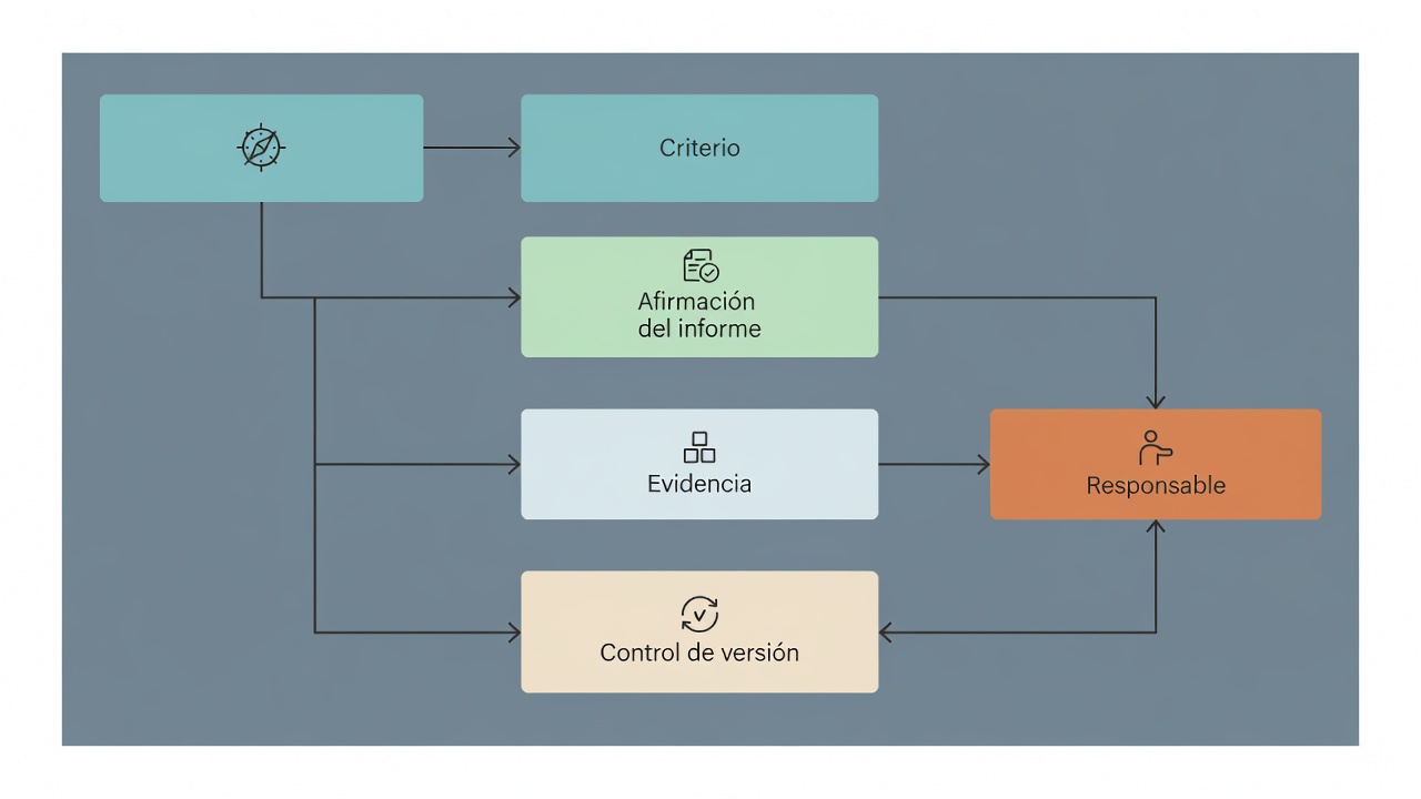 Diagrama de relación entre criterios de acreditación, afirmaciones, evidencias, responsables y versiones.