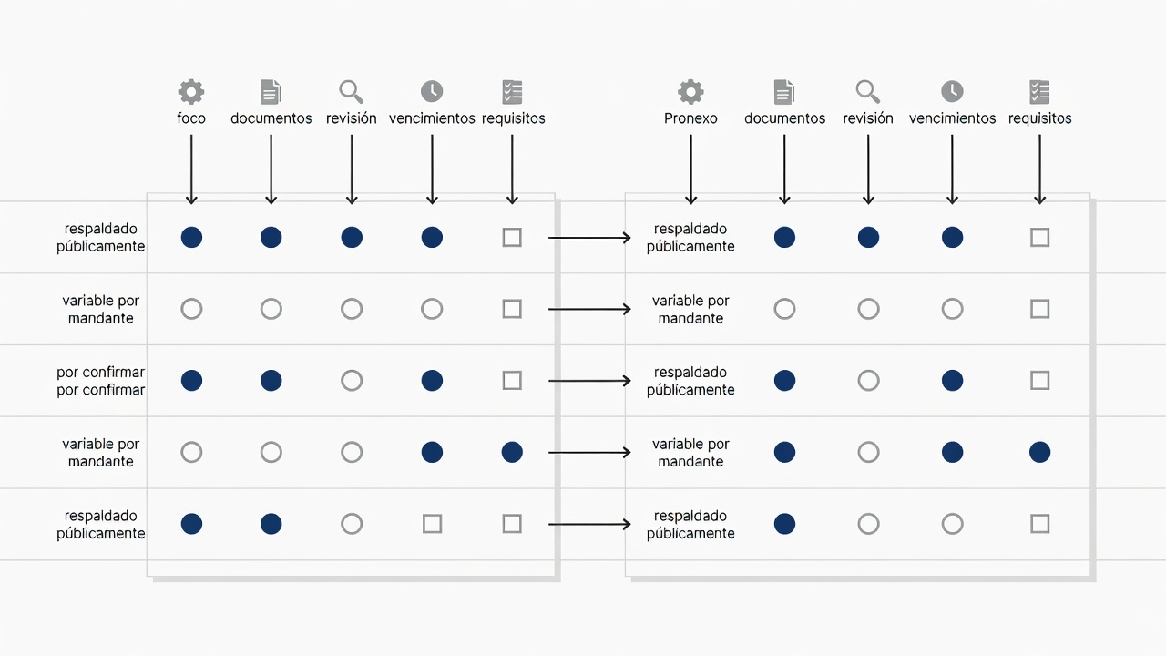 Tabla comparativa de Pronexo y ProCheck por foco, documentos, revisión, vencimientos y requisitos que debe confirmar el contratista.