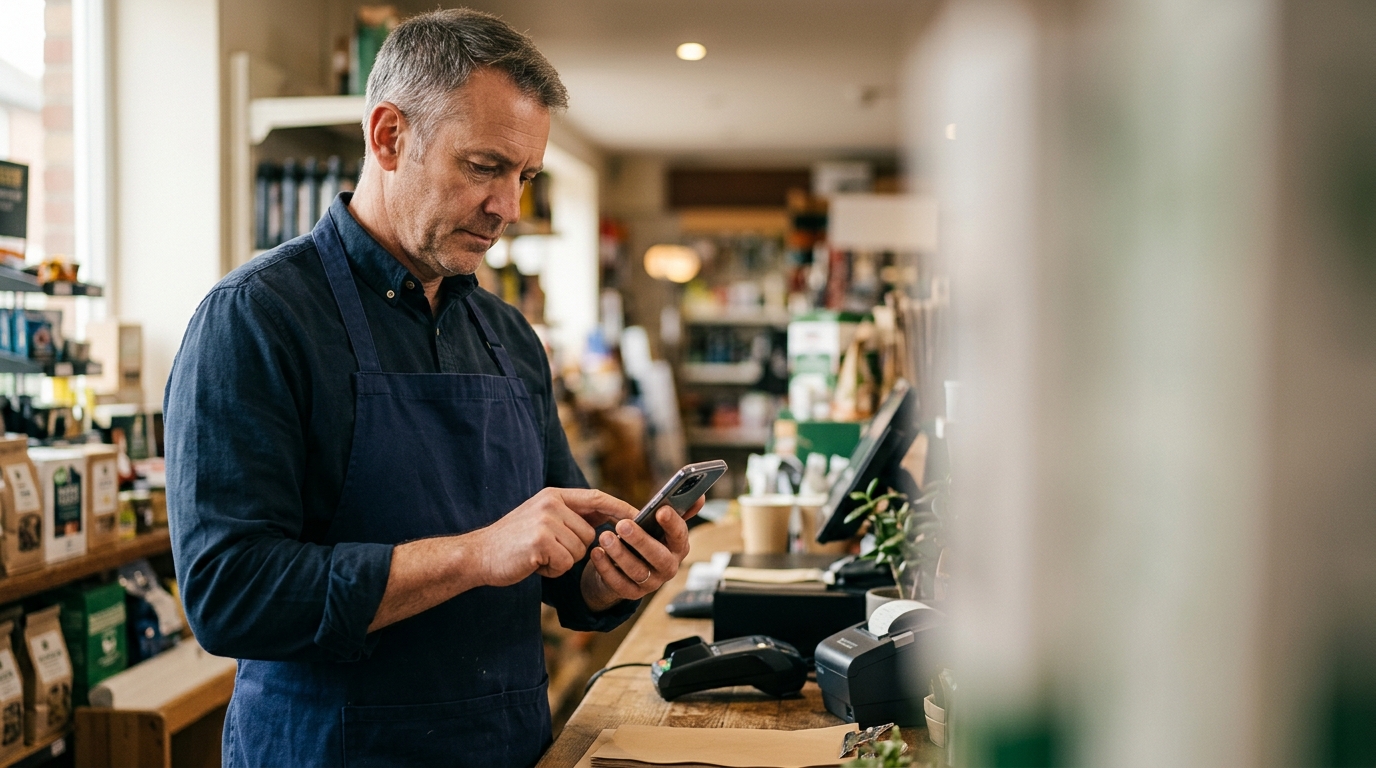 UK small business owner managing WhatsApp customer messages on a smartphone