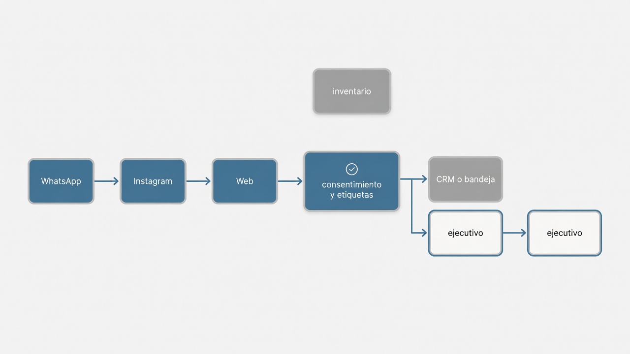 Arquitectura de chatbot inmobiliario conectado con canales de entrada, inventario, CRM y atención humana.