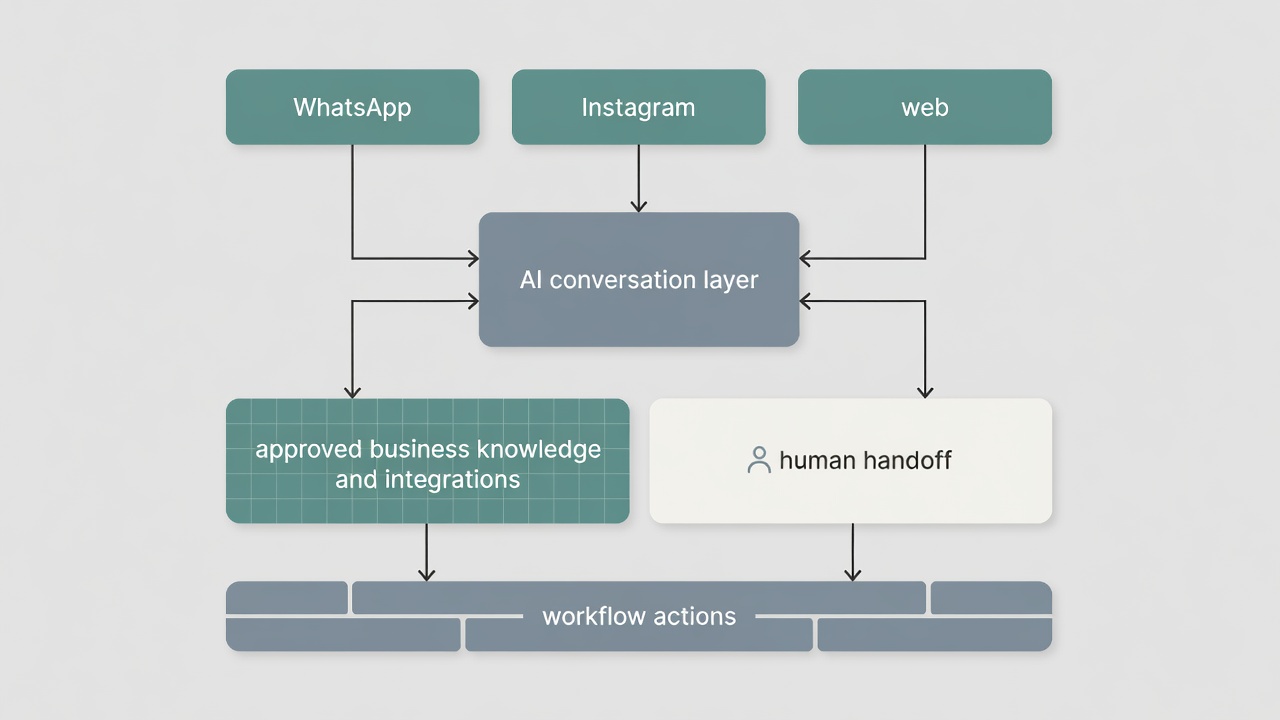 Diagram showing customer channels feeding an AI chatbot connected to business knowledge, workflow actions and human support.