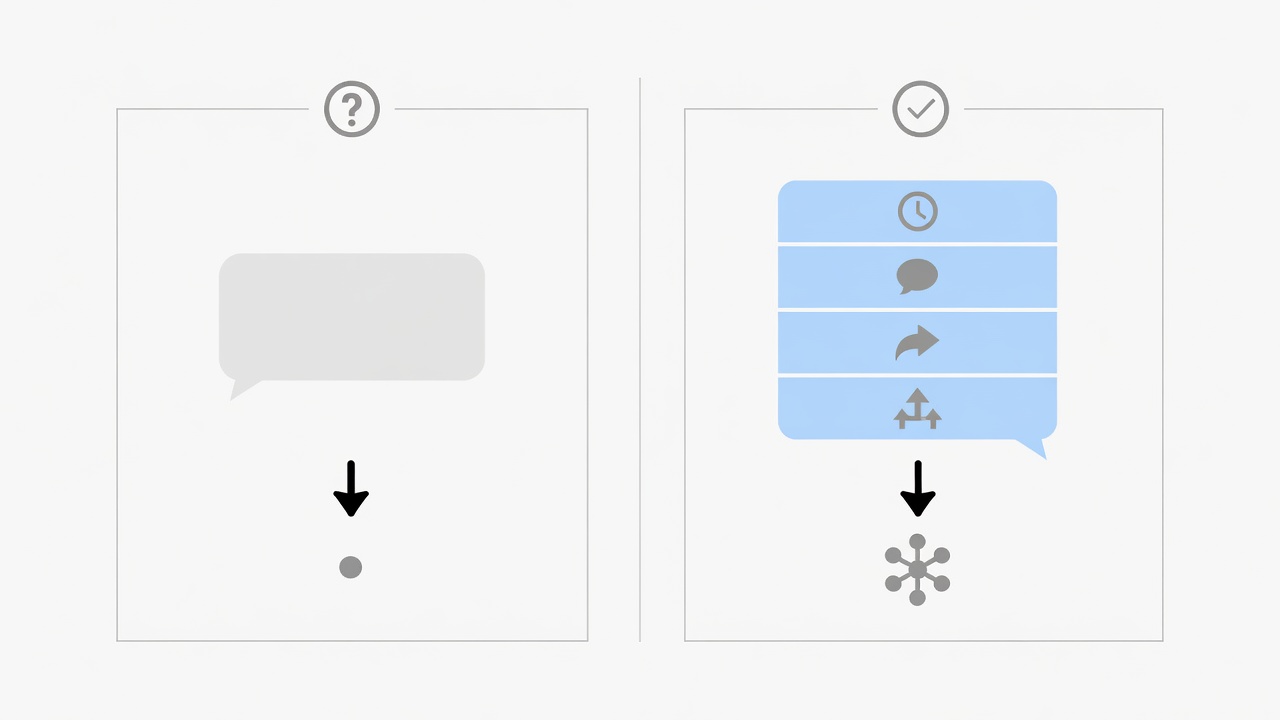 Illustration comparing a vague WhatsApp auto-reply with a clearer reply containing business hours, response expectation, next action, and escalation route.