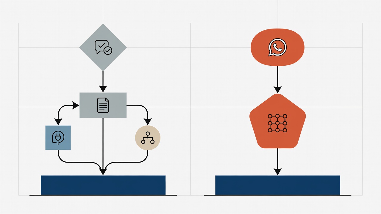 Decision tree for choosing rule-based, knowledge-base AI, or custom WhatsApp automation.