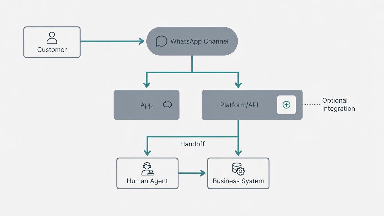 Architecture diagram showing customer messages reaching either WhatsApp Business App responses or a Platform/API workflow with optional integrations and human handoff.