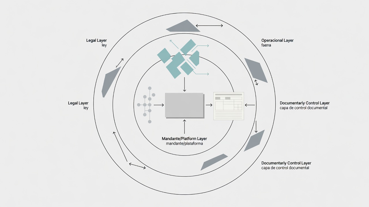Diagrama de las capas legal, operativa y documental que debe gestionar un contratista salmonero.